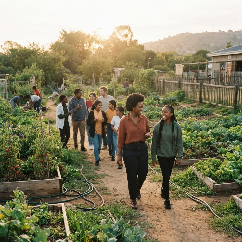 Students and mentors walking together through a community garden